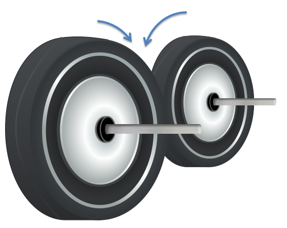 Representación en 3d de dos ruedas de fricción exteriores en contacto.