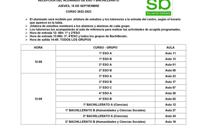 Recepción Alumnado ESO y Bachillerato_Curso 2022-2023_IES SANTA BÁRBARA